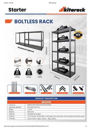 New BR2109S - RAK GUDANG BOLTLESS RACK H: 2130mm, W: 457mm, L: 914mm - KITARACK