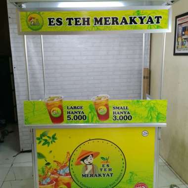 Booth Portable Meja Lipat Rombong Es Teh dengan Atap Datar dan Bonus Lampu