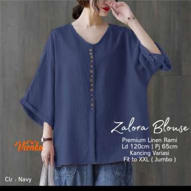 Blouse Atasan Wanita Jumbo LD 150 Terbaru Polos Linen - Dusty Navy