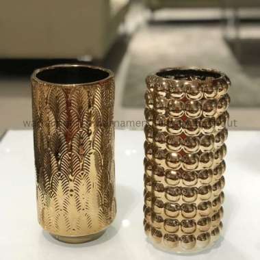 Vas Bunga Keramik Gold Luxury Premium Pot Bunga Dekorasi Ruangan WMO IF7893 Daun