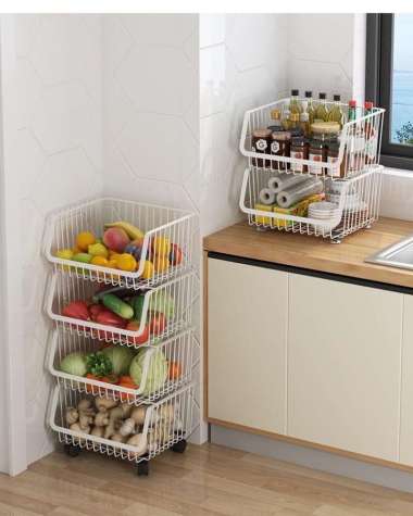 Rak Dapur Multifungsi Roda Keranjang Troli Rak Buah Sayur 4 Susun Putih