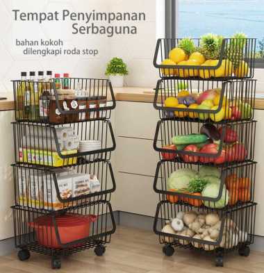 Rak Dapur Multifungsi Roda Keranjang Troli Rak Buah Sayur 3 Susun Hitam