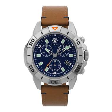Jam Tangan Pria Timex Expedition TW2W16300 Ridge Chronograph Blue Dial Brown Eco-Friendly Leather St