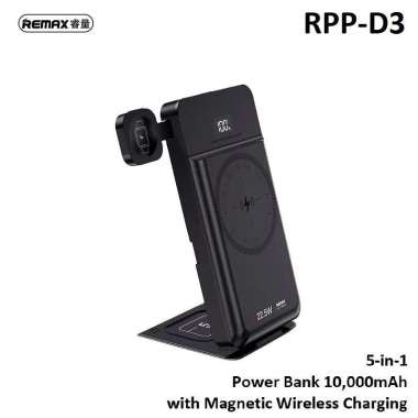 Remax RPP-D3 - 5-in-1 Power Bank 10.000mAh dengan Wireless Charging dan Holder Lipat Hitam