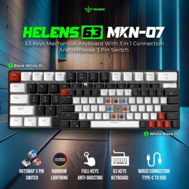 NYK Helens63 MKN07 MKN-07 WIred Mechanical Keyboard Removable 63 Keys Clear Switch Black-White