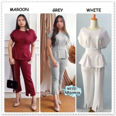 AB50619 Setelan Baju Blouse Celana Kerja Pesta Wanita Korea Scuba Import Hitam Merah Maroon Red Grey