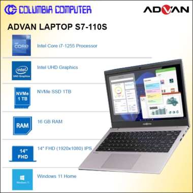 ADVAN LAPTOP S7-110S i7-1255U 16GB 1TB 14"FHD Win 11 Home