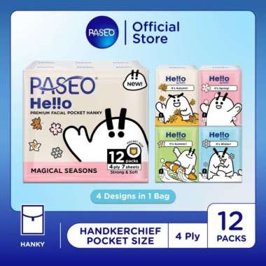 Paseo Hello Premium Facial Hanky Pocket Tissue / Tisu Wajah Saku 4 ply 12 pack