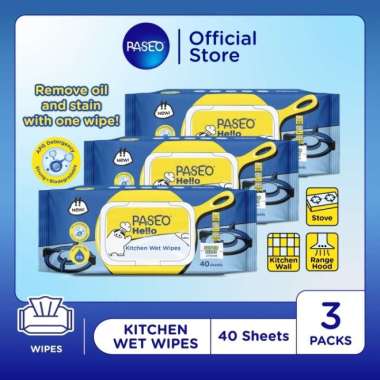 Paseo Hello Kitchen Wet Wipes Cleaning Tissue / Tisu Basah Dapur 40 sheet [3 Pcs]