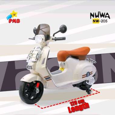 Mainan Anak Motor Aki PMB Nuwa MW205 Model Vespa Ban Karet Pakai Remote Control NW 205 Putih