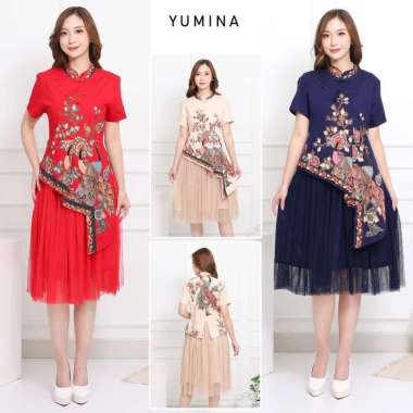 Evercloth Yumina Dress Wanita Batik Couple Modern Dress Batik Modern Gaun Pesta Merah CREAM