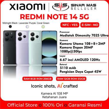 Xiaomi Redmi Note 14 5G (8/256 | 12/512GB) Garansi Resmi RAM 8 ROM 256GB Lavender Purple