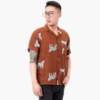 Jane Frey Clothing 8158 Kemeja Lengan Pendek Pria Hawaiian L U Brown Tiger