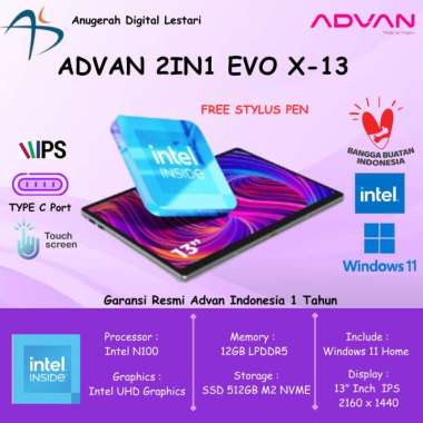 Advan Laptop 2 in 1 Evo-X 13"Inch Intel N100 12GB/512GB 2K IPS 100% SRGB Windows 11 Home