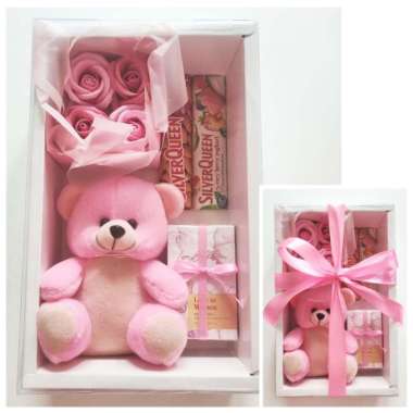 Valentine Chocolate Gift Box 1 Hampers Bunga Mawar Boneka Parfum A (Set Pink)