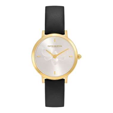 Jam Tangan Wanita Olivia Burton Signature Bee 24000019 Ultra Slim Silver White Dial Black Leather St
