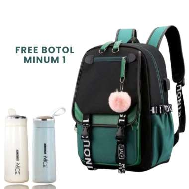 Tas Ransel Cute Unisex Tas Sekolah Anak & Wanita Kekinian Model Terbaru Hijau + botol