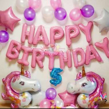 Paket Set Dekorasi Balon Ulang Tahun Karakter Unicorn Ungu Pastel