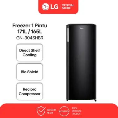 LG Freezer 1 Pintu 171L / 165L - Vertical Freezer - 6 Freezer Shelves - 4 Door Baskets - Model GN-304SHBR