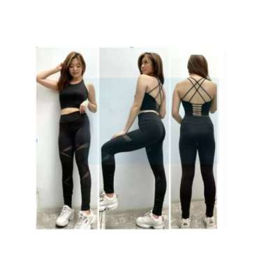 Setelan Pakaian Baju Senam Gym Fitness Zumba Leging Dan Bra Tali Semua Ukuran Black