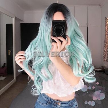 Wig Ombre Hijau Rambut Palsu Sintetis Panjang Keriting Berombak