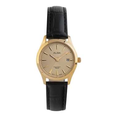 Jam Tangan Wanita Alba AH7BP0X1 Ladies Gold Dial Black Leather Strap Hitam