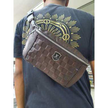 Tas Pinggang Kulit Pria Import Premium Lv Damier Coklat