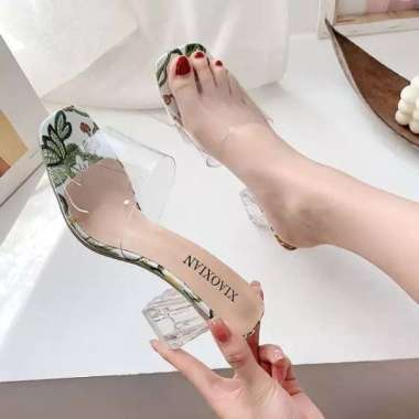 BIG SALE HEELS HAK TAHU KACA TRANSPARAN BUNGA MOMOLAND 37 Hijau