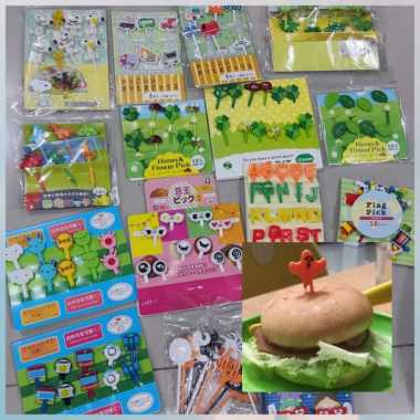 tusuk garpu bento bekal karakter kacamata daun bendera mata dino anak tongs mini