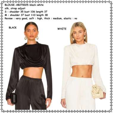 AB270025 Baju Atasan Crop Top Blouse Lengan Panjang Serut Wanita Korea Import Hitam Putih Black Whit