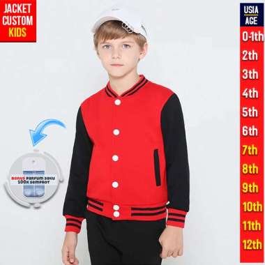 JAKET ANAK VARSITY POLOS ( MERAH HITAM ) JACKET KIDS BASEBALL CUSTOM POLOS 3-4 tahun