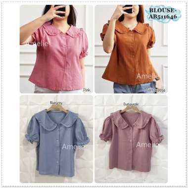 AB511646L Baju Atasan Kerja Kemeja Lengan Pendek Blouse Wanita Korea Import Pink Orange Purple Ungu Biru