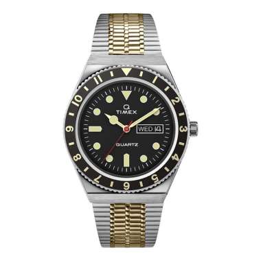Jam Tangan Pria Timex Q Reissue TW2V18500 Black Dial Dual Tone Stainless Steel Strap