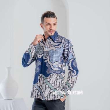 SARIMBIT BAJU BATIK MOTIF ABSTRAK PARANG-OMBAK NAVY JUMBO | COUPLE BAJU BATIK KEMEJA DAN TUNIK XXXL 