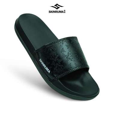 SKINRUMA Sendal Selop Karet Distro Pria Wanita Motif Batik Kembang Hitam Fullblack 41