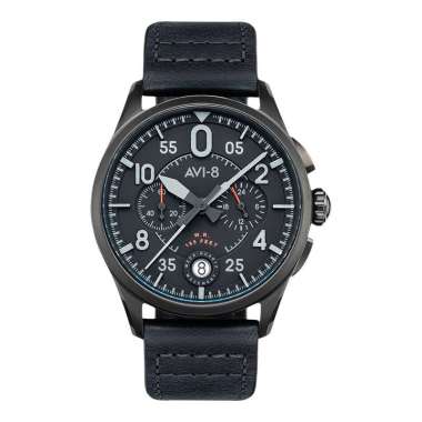Jam Tangan Pria AVI-8 Spitfire AV-4089-03 Lock Chronograph Slate Black Dial Black Leather Strap