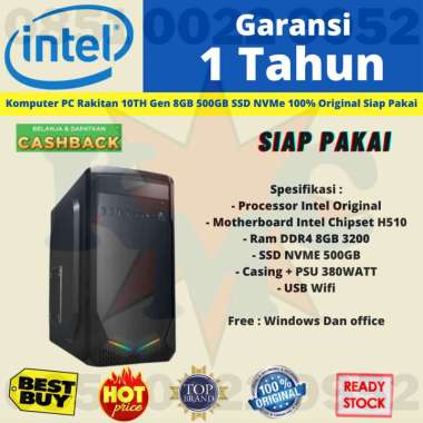 Komputer PC Rakitan 10TH Gen 8GB 500GB SSD NVMe 100% Original Siap Pakai i5-10400