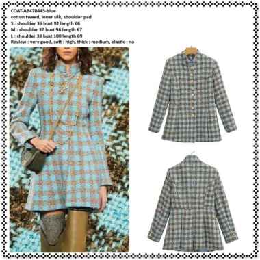 AB470445 Coat Blazer Blezer Katun Tweed Kotak Wanita Korea Import Blue Biru