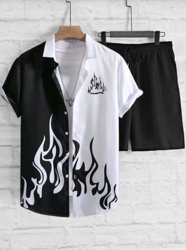 ASIA-Setelan Kemeja Pria Satu Set Kemeja Two Tone Fire Dan Celana Pendek Hitam Putih XXL
