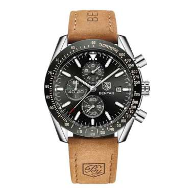 Jam Tangan Pria Benyar BY-5140LE-SLVBLK Chronograph Black Dial Brown Leather Strap