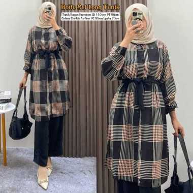 Boîte Set Long Tunik - One Set Wanita Long Tunik Rayon Premium Setelan Wanita Kekinian Celana Kulot