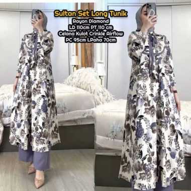 Boîte Set Long Tunik - One Set Wanita Long Tunik Rayon Premium Setelan Wanita Kekinian Celana Kulot 
