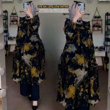 Boîte Set Long Tunik - One Set Wanita Long Tunik Rayon Premium Setelan Wanita Kekinian Celana Kulot 