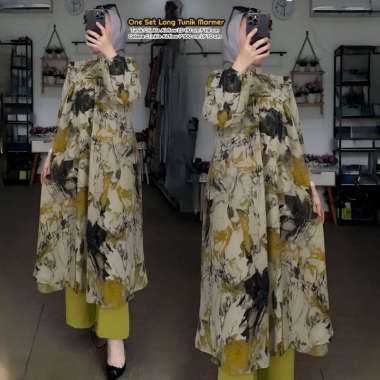 Boîte Set Long Tunik - One Set Wanita Long Tunik Rayon Premium Setelan Wanita Kekinian Celana Kulot 