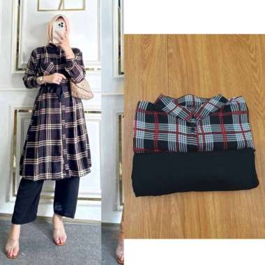 Boîte Set Long Tunik - One Set Wanita Long Tunik Rayon Premium Setelan Wanita Kekinian Celana Kulot 