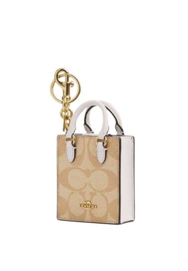 COACH North/South Mini Tote Bag Charm In Signature Canvas Light Khaki Chalk