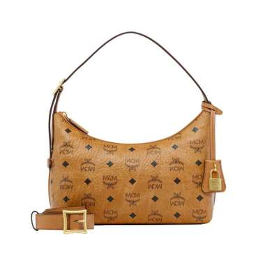 MCM Small Aren Visetos Hobo Bag Cognac Brown