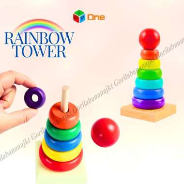 Mainan Rainbow Tower kayu susun anak | mainan donat susun