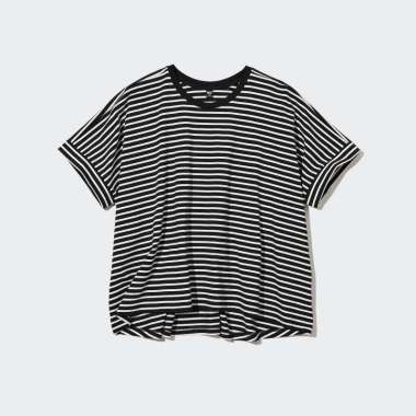 UNIQLO T-Shirt Oversize wanita Katun Garis Lengan Pendek Black S
