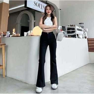HW Cutbray Jeans Wanita - Celana Cutbray Strecht Kekinian - Cutbray Flared- Streetch 33 Hitam